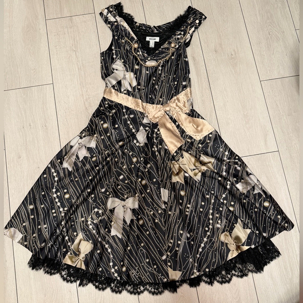 MOSCHINO Silk Pearl & Lace Print Dress – Size 8 USA
